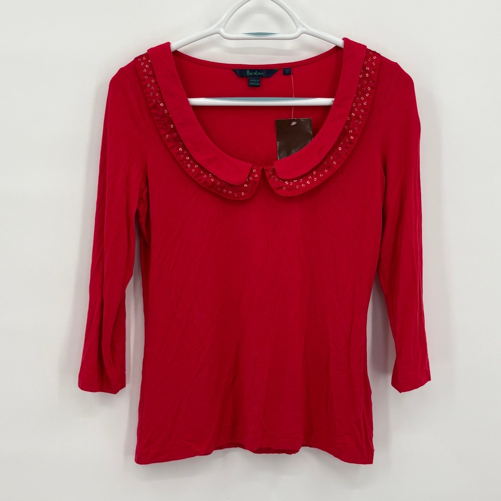 Boden Red Sequin Peter Pan Collar Top 3/4 Sleeve Silk Trim WL514 Size 10 NEW